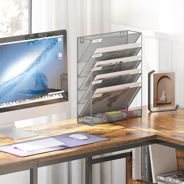 Alt view image 3 of 7 - 5 Tier Wall File Holder, Mesh Hanging Folder Organizer with Classify Label, Versatile Desk File Holder, Vertical Wall Mounted Mail Organizer for Office Home Cubicle, Silver