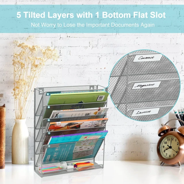 Alt view image 5 of 7 - 5 Tier Wall File Holder, Mesh Hanging Folder Organizer with Classify Label, Versatile Desk File Holder, Vertical Wall Mounted Mail Organizer for Office Home Cubicle, Silver