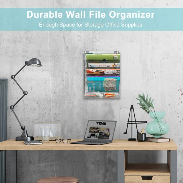Alt view image 6 of 7 - 5 Tier Wall File Holder, Mesh Hanging Folder Organizer with Classify Label, Versatile Desk File Holder, Vertical Wall Mounted Mail Organizer for Office Home Cubicle, Silver