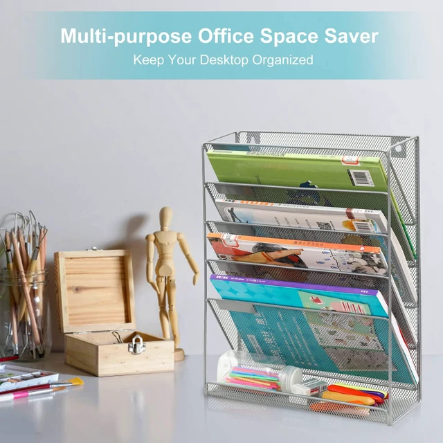 Alt view image 4 of 7 - 5 Tier Wall File Holder, Mesh Hanging Folder Organizer with Classify Label, Versatile Desk File Holder, Vertical Wall Mounted Mail Organizer for Office Home Cubicle, Silver