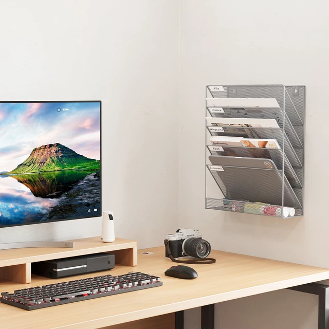 Alt view image 7 of 7 - 5 Tier Wall File Holder, Mesh Hanging Folder Organizer with Classify Label, Versatile Desk File Holder, Vertical Wall Mounted Mail Organizer for Office Home Cubicle, Silver