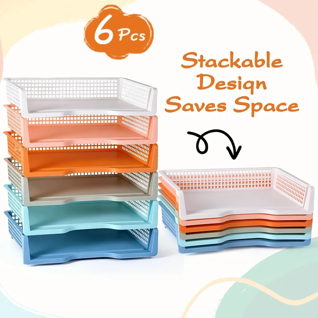 Alt view image 3 of 6 - 6 Pack in Trays for Teachers, Plastic Classroom Paper Organizers, Colorful Storage Baskets for Office, Stackable Office Desktop Document Paper Storage(13.4 * 9.5 * 2.7in)