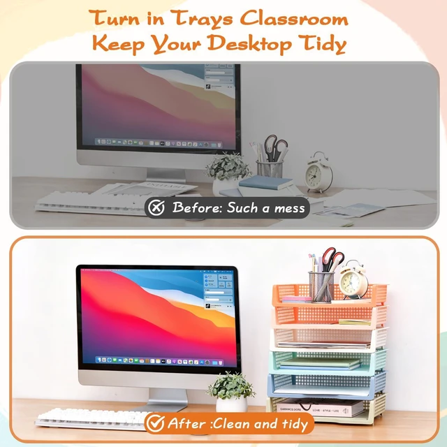 Alt view image 5 of 6 - 6 Pack in Trays for Teachers, Plastic Classroom Paper Organizers, Colorful Storage Baskets for Office, Stackable Office Desktop Document Paper Storage(13.4 * 9.5 * 2.7in)