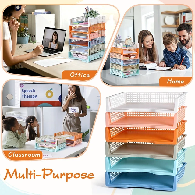 Alt view image 6 of 6 - 6 Pack in Trays for Teachers, Plastic Classroom Paper Organizers, Colorful Storage Baskets for Office, Stackable Office Desktop Document Paper Storage(13.4 * 9.5 * 2.7in)