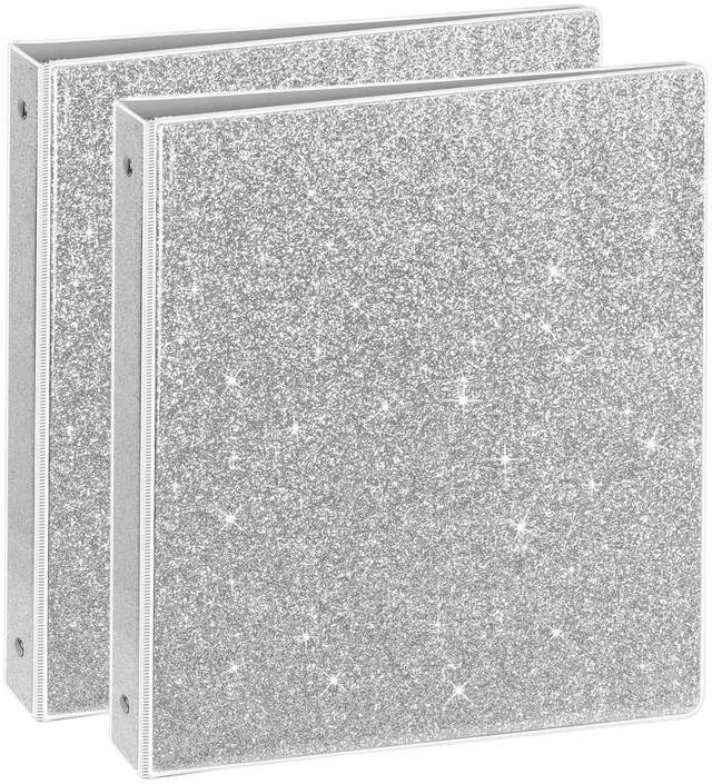 Main image of 3 Ring Binder, Glitter 1 Inch Binder Organizer (10.5'' x 11.5'') Holds 8.5 x 11 Letter Size 300 Pages, Waterproof Durable View Binder, 2 Pack, Silver