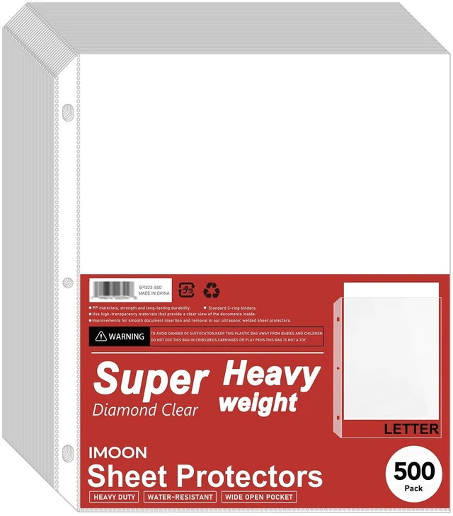 Main image of Super Heavyweight Sheet Protectors for 3 Ring Binders - 3-Hole Letter Size Clear Plastic Heavy Duty Sleeves, Archival Safe, Durable Page Protectors for Documents, 8.5x11 Inch (500 Pack Bulk)