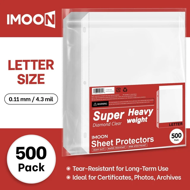 Alt view image 2 of 7 - Super Heavyweight Sheet Protectors for 3 Ring Binders - 3-Hole Letter Size Clear Plastic Heavy Duty Sleeves, Archival Safe, Durable Page Protectors for Documents, 8.5x11 Inch (500 Pack Bulk)