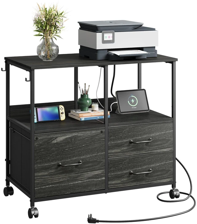 Main image of 3 Drawer Mobile File Cabinet with Storage Shelf, Charging Station Fabric Lateral Filing Cabinet fits A4 or Letter Size, Adjustable Shelf for Home Office, Charcoal Black Wood Grain Print