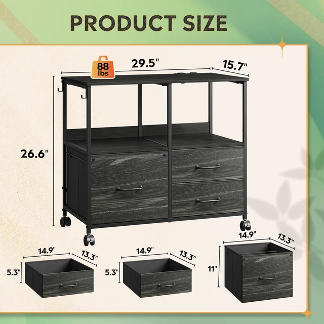 Alt view image 3 of 7 - 3 Drawer Mobile File Cabinet with Storage Shelf, Charging Station Fabric Lateral Filing Cabinet fits A4 or Letter Size, Adjustable Shelf for Home Office, Charcoal Black Wood Grain Print