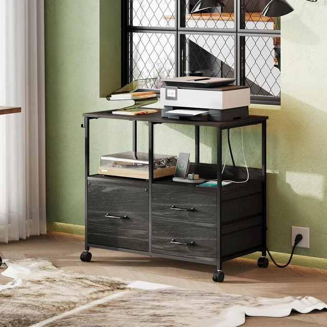 Alt view image 2 of 7 - 3 Drawer Mobile File Cabinet with Storage Shelf, Charging Station Fabric Lateral Filing Cabinet fits A4 or Letter Size, Adjustable Shelf for Home Office, Charcoal Black Wood Grain Print