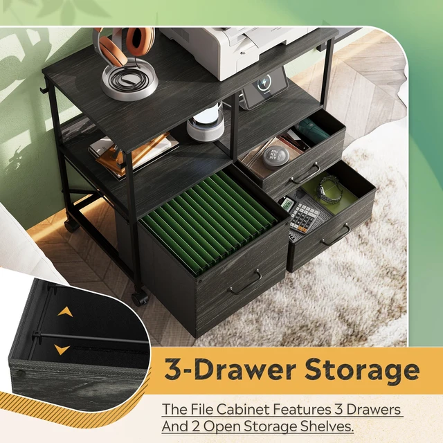 Alt view image 5 of 7 - 3 Drawer Mobile File Cabinet with Storage Shelf, Charging Station Fabric Lateral Filing Cabinet fits A4 or Letter Size, Adjustable Shelf for Home Office, Charcoal Black Wood Grain Print