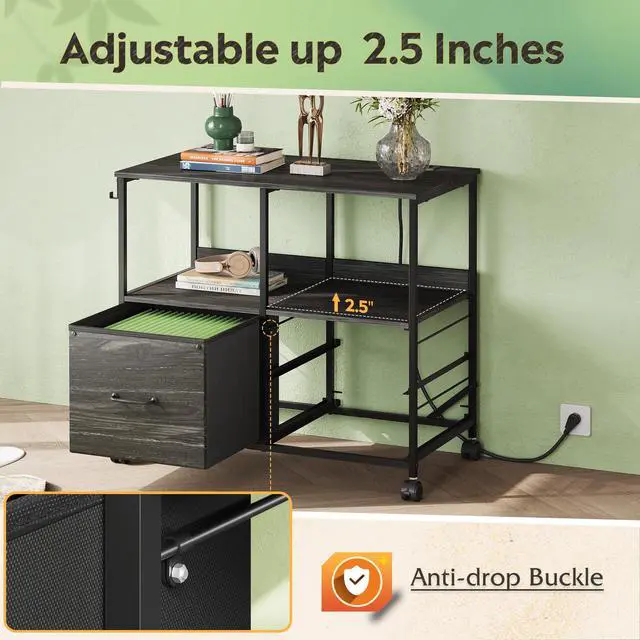 Alt view image 7 of 7 - 3 Drawer Mobile File Cabinet with Storage Shelf, Charging Station Fabric Lateral Filing Cabinet fits A4 or Letter Size, Adjustable Shelf for Home Office, Charcoal Black Wood Grain Print