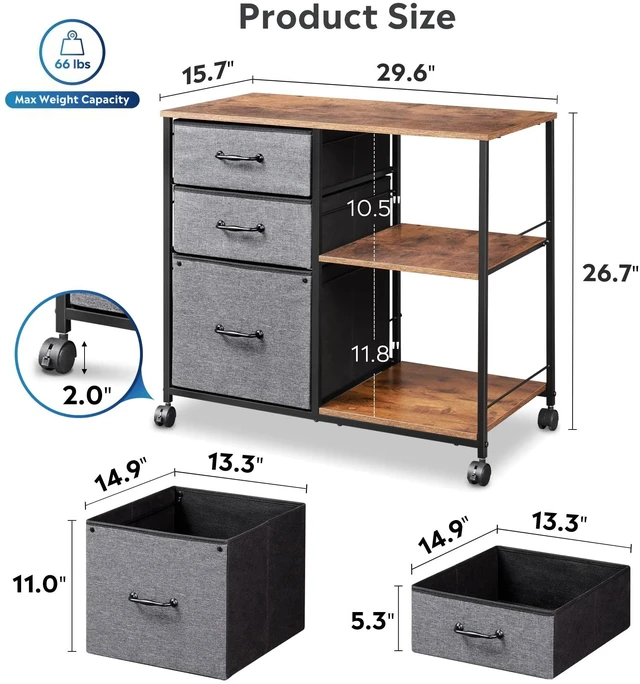 Alt view image 3 of 6 - 3 Drawer Mobile File Cabinet, Fabric Lateral Filing Cabinet Rolling Printer Stand with Open Storage Shelf, Fits A4 or Letter Size for Home Office, Rustic Brown and Gray