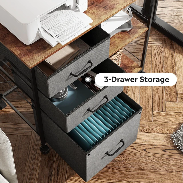 Alt view image 4 of 6 - 3 Drawer Mobile File Cabinet, Fabric Lateral Filing Cabinet Rolling Printer Stand with Open Storage Shelf, Fits A4 or Letter Size for Home Office, Rustic Brown and Gray
