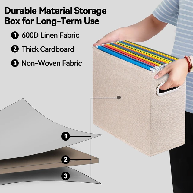 Alt view image 3 of 7 - 6 Pack Letter Size File Storage Box CollapsibleFabric Hanging File Folders Organizer, Portable Office Document Holder with Metal Handle, Smooth PVC Rails, Beige
