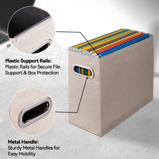 Alt view image 4 of 7 - 6 Pack Letter Size File Storage Box CollapsibleFabric Hanging File Folders Organizer, Portable Office Document Holder with Metal Handle, Smooth PVC Rails, Beige