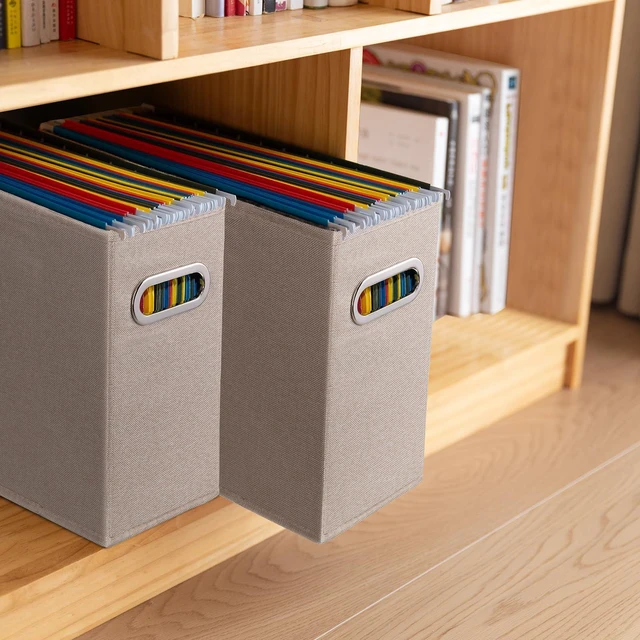 Alt view image 7 of 7 - 6 Pack Letter Size File Storage Box CollapsibleFabric Hanging File Folders Organizer, Portable Office Document Holder with Metal Handle, Smooth PVC Rails, Beige
