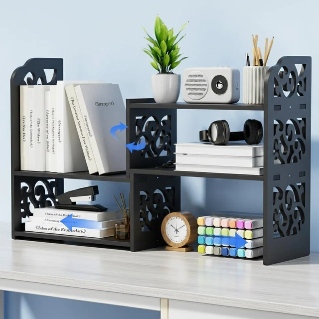 Main image of Adjustable Desktop Shelf Organizer, 3-Tier Desk Shelf, Black Pattern Expandable Width Design, 3-Tier Storage, Cloud Pattern Style, Lightweight PVC Build, Ideal for Office & Dorm