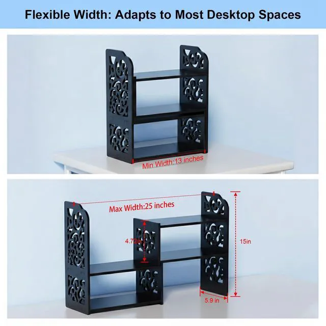 Alt view image 2 of 7 - Adjustable Desktop Shelf Organizer, 3-Tier Desk Shelf, Black Pattern Expandable Width Design, 3-Tier Storage, Cloud Pattern Style, Lightweight PVC Build, Ideal for Office & Dorm