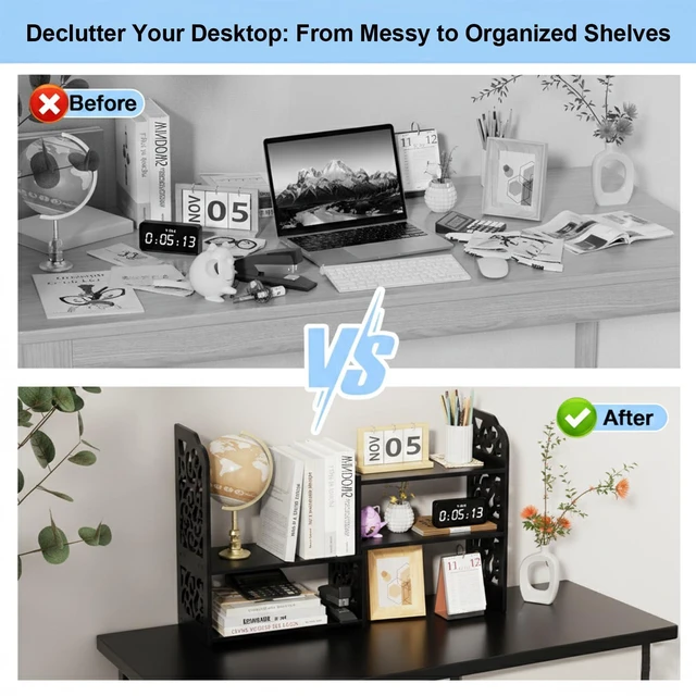 Alt view image 4 of 7 - Adjustable Desktop Shelf Organizer, 3-Tier Desk Shelf, Black Pattern Expandable Width Design, 3-Tier Storage, Cloud Pattern Style, Lightweight PVC Build, Ideal for Office & Dorm