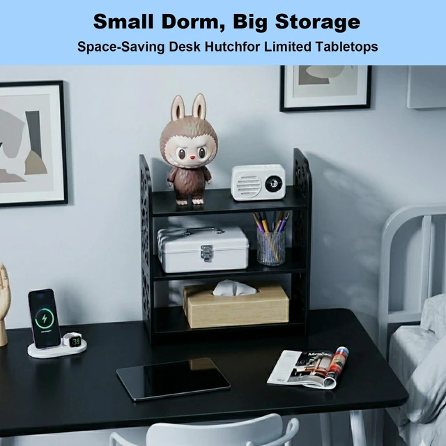 Alt view image 5 of 7 - Adjustable Desktop Shelf Organizer, 3-Tier Desk Shelf, Black Pattern Expandable Width Design, 3-Tier Storage, Cloud Pattern Style, Lightweight PVC Build, Ideal for Office & Dorm