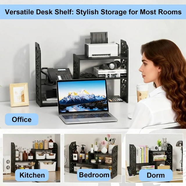 Alt view image 6 of 7 - Adjustable Desktop Shelf Organizer, 3-Tier Desk Shelf, Black Pattern Expandable Width Design, 3-Tier Storage, Cloud Pattern Style, Lightweight PVC Build, Ideal for Office & Dorm