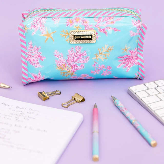Alt view image 4 of 5 - Vinyl Pouch, Royal Coral Cute, Semi-Clear, Water Resistant, Zipper Bag Pencil Case for Stationery, Small Toiletries, and Makeup