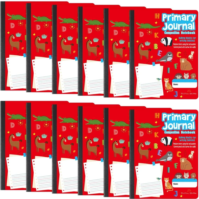 Main image of 12 Pcs Primary Composition Notebook K-2 Picture Space, Red Color Primary Journal, Grades K-2, Animal Print, 50 Sheet (100 Pages), Drawing and Writing Notebook for Preschool, 1st 2nd Grade