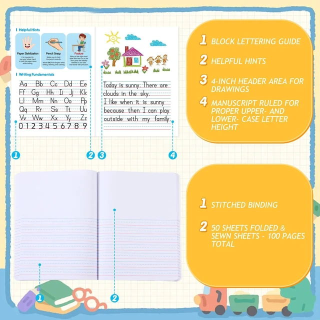 Alt view image 2 of 7 - 12 Pcs Primary Composition Notebook K-2 Picture Space, Red Color Primary Journal, Grades K-2, Animal Print, 50 Sheet (100 Pages), Drawing and Writing Notebook for Preschool, 1st 2nd Grade