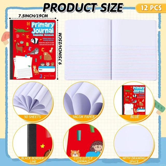 Alt view image 3 of 7 - 12 Pcs Primary Composition Notebook K-2 Picture Space, Red Color Primary Journal, Grades K-2, Animal Print, 50 Sheet (100 Pages), Drawing and Writing Notebook for Preschool, 1st 2nd Grade
