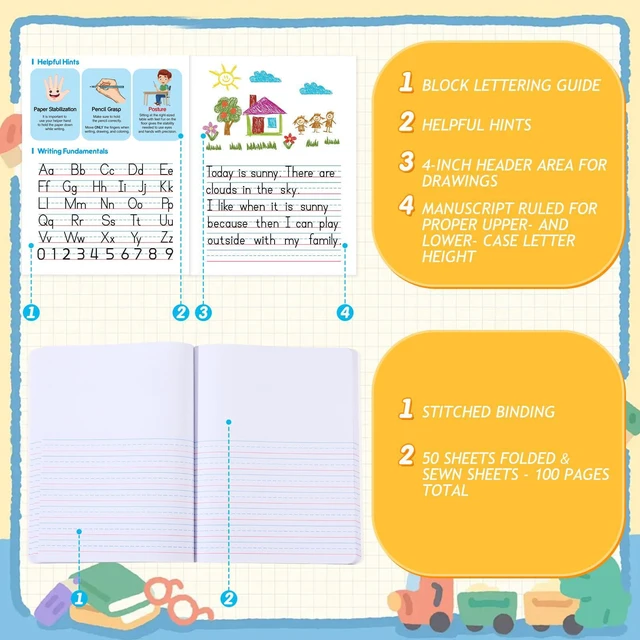 Alt view image 3 of 7 - 12 Pcs Primary Composition Notebook K-2 Picture Space, Blue Color Primary Journal, Grades K-2, Animal Print, 50 Sheet (100 Pages), Drawing and Writing Notebook for Preschool, 1st 2nd Grade