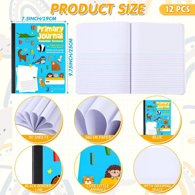 Alt view image 2 of 7 - 12 Pcs Primary Composition Notebook K-2 Picture Space, Blue Color Primary Journal, Grades K-2, Animal Print, 50 Sheet (100 Pages), Drawing and Writing Notebook for Preschool, 1st 2nd Grade