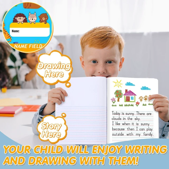 Alt view image 5 of 7 - 12 Pcs Primary Composition Notebook K-2 Picture Space, Blue Color Primary Journal, Grades K-2, Animal Print, 50 Sheet (100 Pages), Drawing and Writing Notebook for Preschool, 1st 2nd Grade