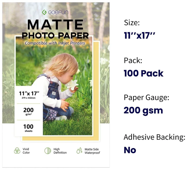 Alt view image 2 of 7 - 11x17 Matte Photo Paper, 200 GSM Inkjet Photo Paper 100 Sheets 54LB Picture Paper for Printer for Posters, Menus and Art Prints