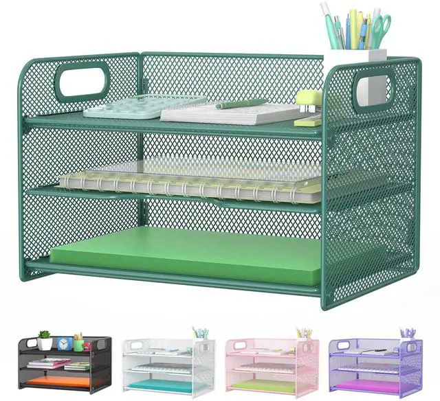Main image of 3 Tier Green Letter Tray Paper Organizer with Handle, Mesh Desk Organizer Paper Sorter File Rack Shelves, Green