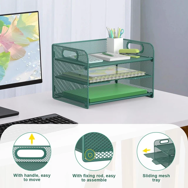Alt view image 3 of 6 - 3 Tier Green Letter Tray Paper Organizer with Handle, Mesh Desk Organizer Paper Sorter File Rack Shelves, Green