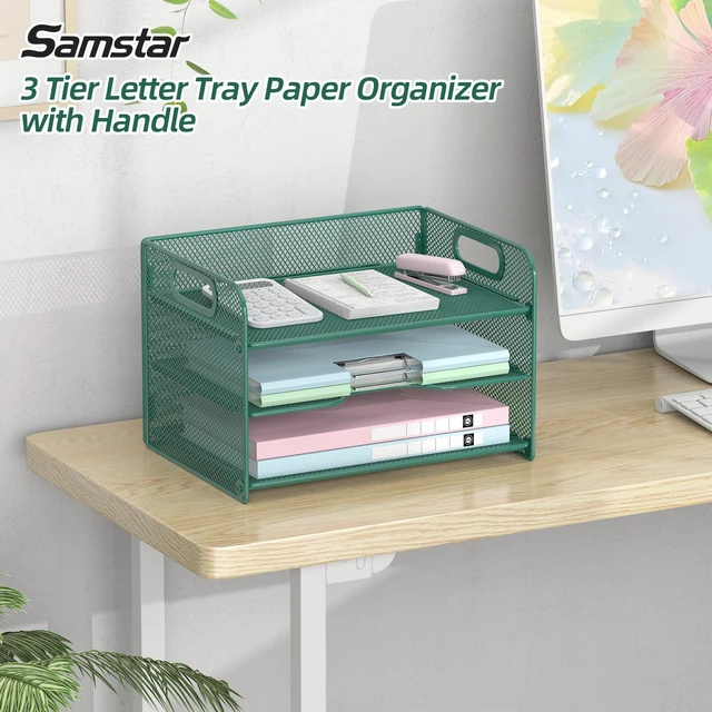 Alt view image 2 of 6 - 3 Tier Green Letter Tray Paper Organizer with Handle, Mesh Desk Organizer Paper Sorter File Rack Shelves, Green