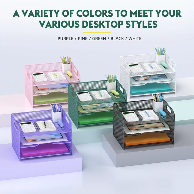 Alt view image 5 of 6 - 3 Tier Green Letter Tray Paper Organizer with Handle, Mesh Desk Organizer Paper Sorter File Rack Shelves, Green