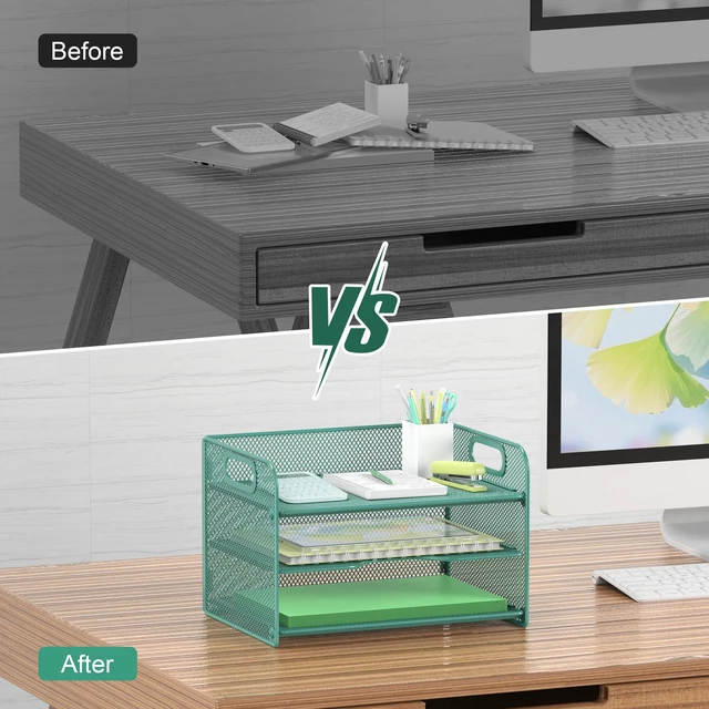 Alt view image 4 of 6 - 3 Tier Green Letter Tray Paper Organizer with Handle, Mesh Desk Organizer Paper Sorter File Rack Shelves, Green