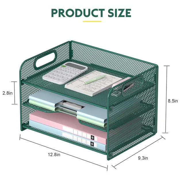 Alt view image 6 of 6 - 3 Tier Green Letter Tray Paper Organizer with Handle, Mesh Desk Organizer Paper Sorter File Rack Shelves, Green
