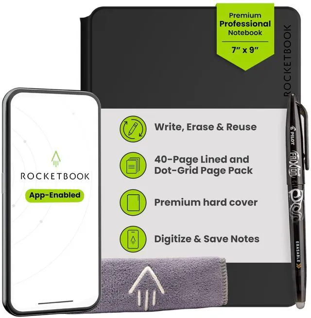 Main image of Pro Smart Reusable Notebook, Executive 7x9, Black Lined and Dotted Interchangeable Pages, For Work and Business Meetings