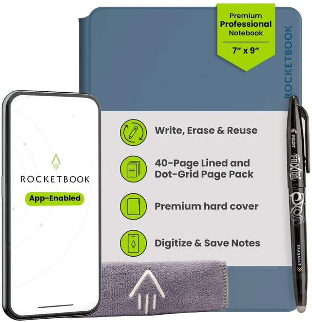 Main image of Pro Smart Reusable Notebook, Executive 7x9, Blue Lined and Dotted Interchangeable Pages, For Work and Business Meetings