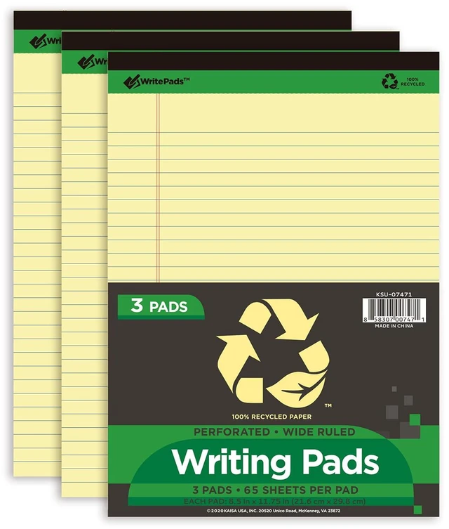 Main image of Yellow Legal Pads Writing Pads Recycled Paper 8.5"x11.75" Wide Ruled Perforated 50 sheets Hard Back Notepads 8-1/2"x 11-3/4" Writing Tablet Canary For Office Supplies (Canary 3pads)