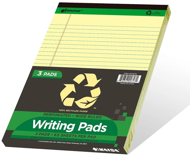 Alt view image 2 of 6 - Yellow Legal Pads Writing Pads Recycled Paper 8.5"x11.75" Wide Ruled Perforated 50 sheets Hard Back Notepads 8-1/2"x 11-3/4" Writing Tablet Canary For Office Supplies (Canary 3pads)