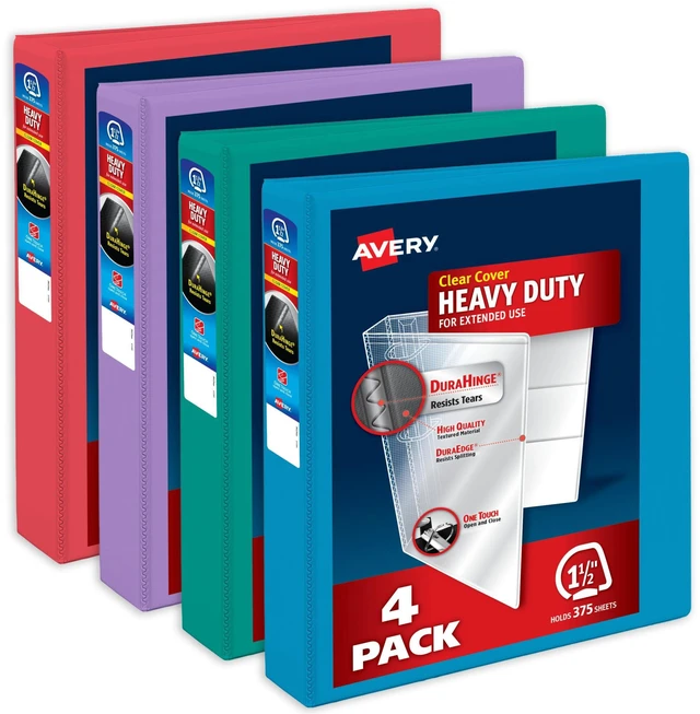 Main image of Heavy-Duty View 3 Ring Binders, 1.5", 4 Assorted Bright Binders For Heavy School, Home and Office Use, DuraHinge Tear-Resistant Spine, DuraEdge Split-Resistant Sides, Interior Pockets