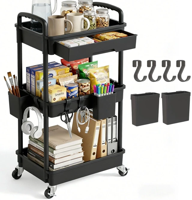 Main image of 3 Tier Rolling Utility Cart with Drawer, Plastic Storage Organizer Rolling Carts with Wheels Handles Hanging Cups Hooks for Office, Bathroom, Kitchen,Craft Art Room (Black)