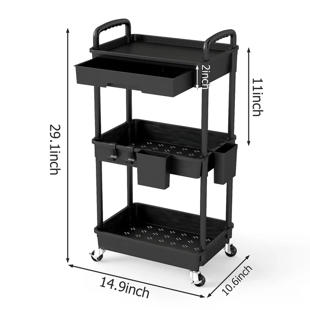 Alt view image 2 of 7 - 3 Tier Rolling Utility Cart with Drawer, Plastic Storage Organizer Rolling Carts with Wheels Handles Hanging Cups Hooks for Office, Bathroom, Kitchen,Craft Art Room (Black)