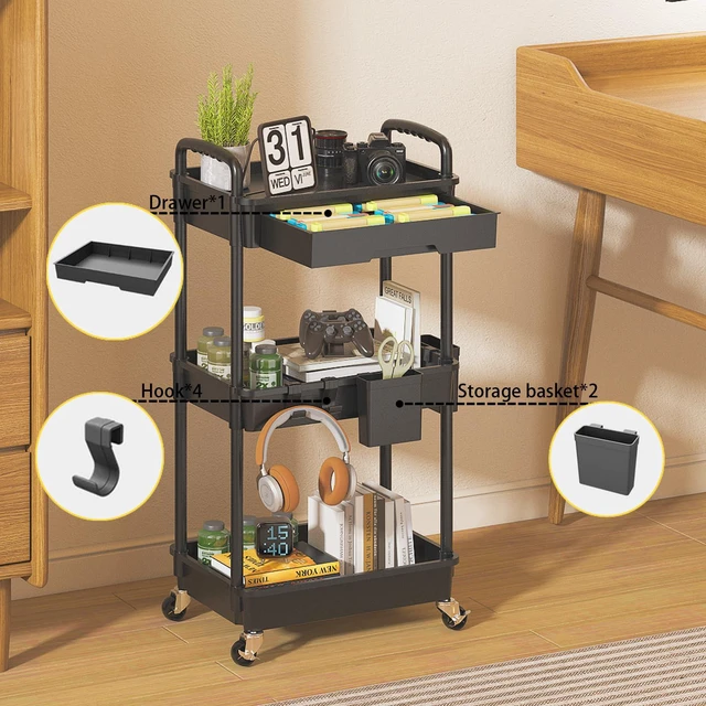 Alt view image 3 of 7 - 3 Tier Rolling Utility Cart with Drawer, Plastic Storage Organizer Rolling Carts with Wheels Handles Hanging Cups Hooks for Office, Bathroom, Kitchen,Craft Art Room (Black)