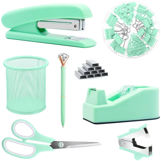 Main image of Green Desk Accessories, Green Office Supplies, Stapler, Staple Remover, Tape Holder, Pen Holder, Ballpoint Pen, Scissor, Binder Clips, Paper Clips and 1000pcs Staples