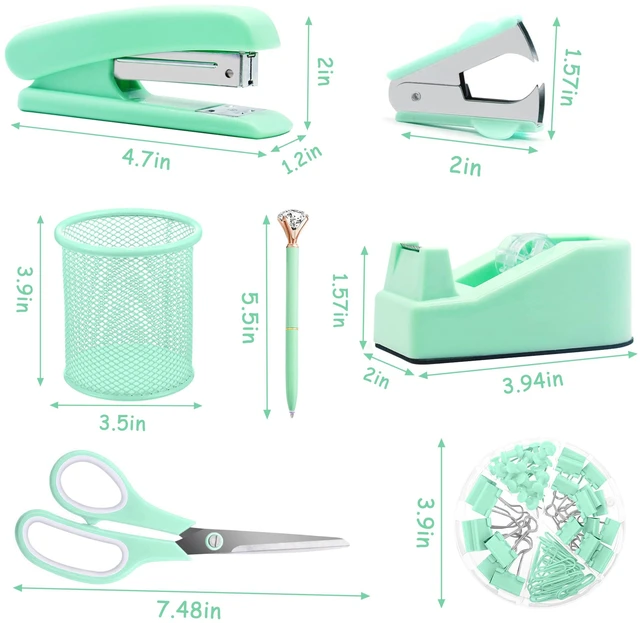 Alt view image 2 of 6 - Green Desk Accessories, Green Office Supplies, Stapler, Staple Remover, Tape Holder, Pen Holder, Ballpoint Pen, Scissor, Binder Clips, Paper Clips and 1000pcs Staples